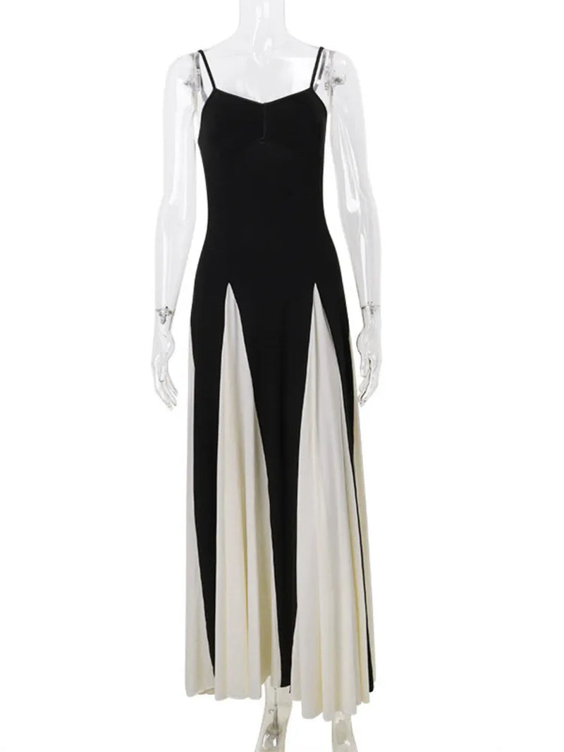 Elegant Patchwork Spaghetti Strap Long Dress for Women Fashion Sleeveless Backless Sexy Evening Maxi Dress Fashion