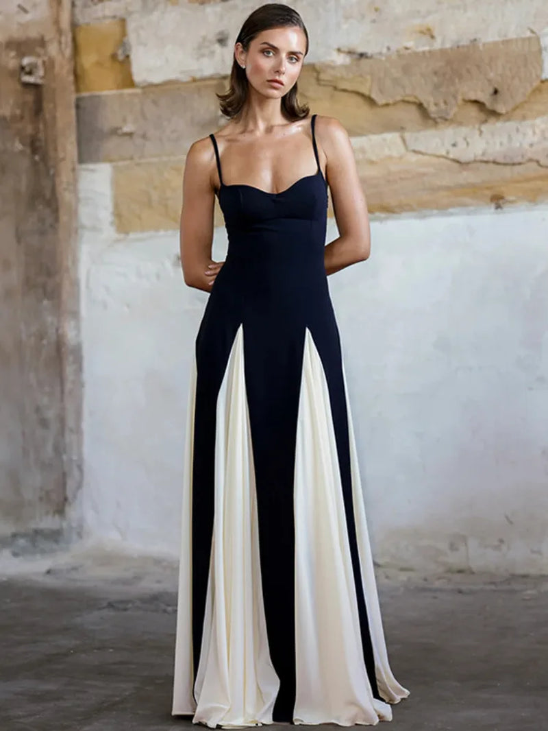 Elegant Patchwork Spaghetti Strap Long Dress for Women Fashion Sleeveless Backless Sexy Evening Maxi Dress Fashion